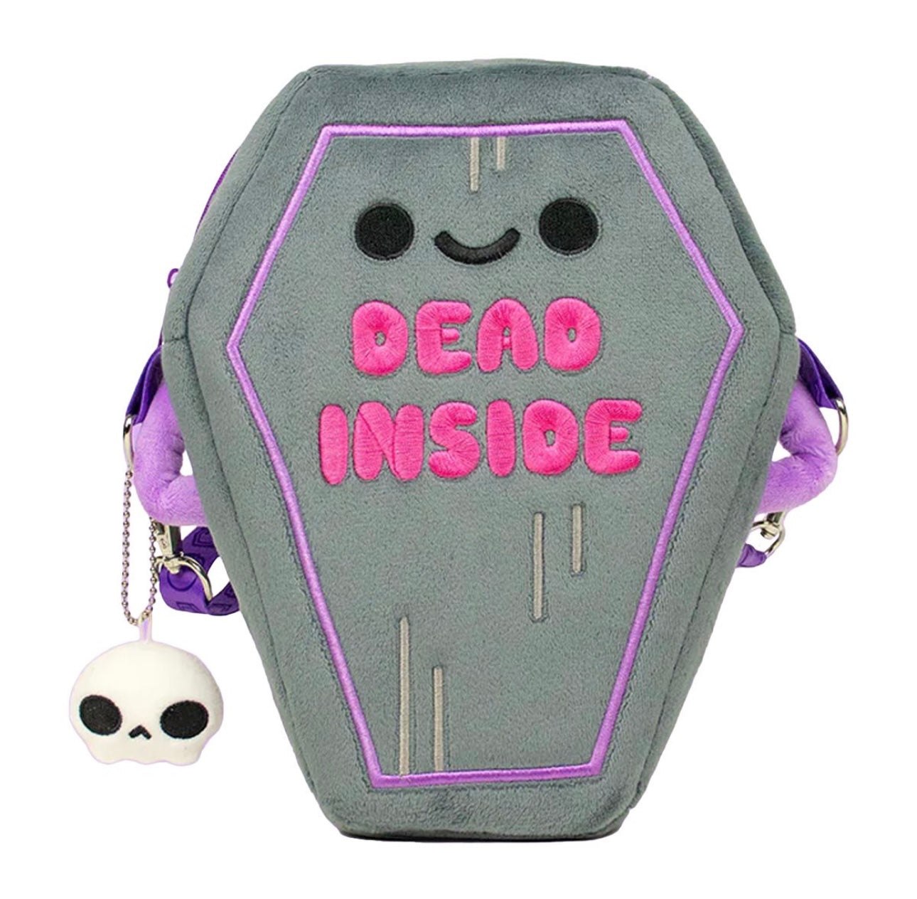 100% Soft Plushy Coffin Bag. The purse has a embroidered smiley face with the words “Dead Inside”. Comes with a cute skull key chain. 