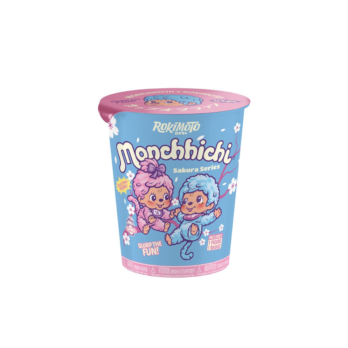 A cup of Rokimato Monchhichi Sakura Series surprise candy, featuring a light blue cup decorated with pink and blue cartoon characters, white cherry blossoms, and a pink lid.
