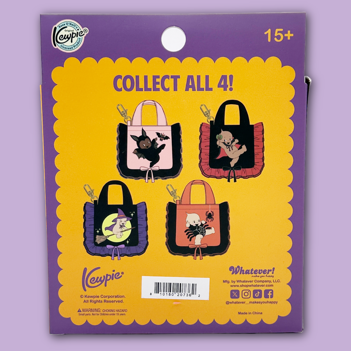 Kewpie 'Whatever! Makes you happy' collect all 4 witch-themed tote bag sewing patterns in a purple and yellow cardboard package, displayed against a light purple background.