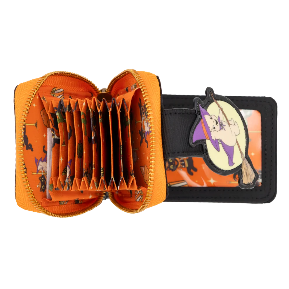 A black and orange zippered card holder or wallet with cartoon character prints on the interior card slots, shown against a plain white background.