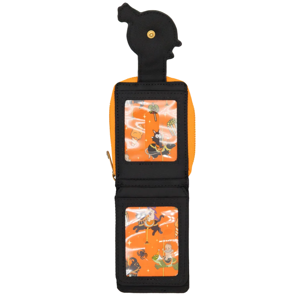 A black and orange zippered card holder or wallet with cartoon character prints on the interior card slots, shown against a plain white background.