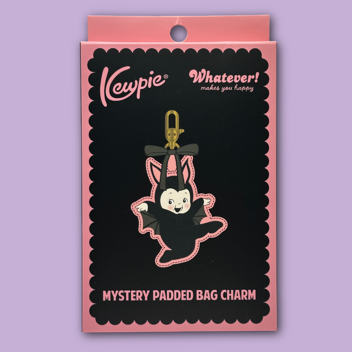 Kewpie mystery padded bag charm box packaging  showing a kewpie dressed in a bat outfit. 