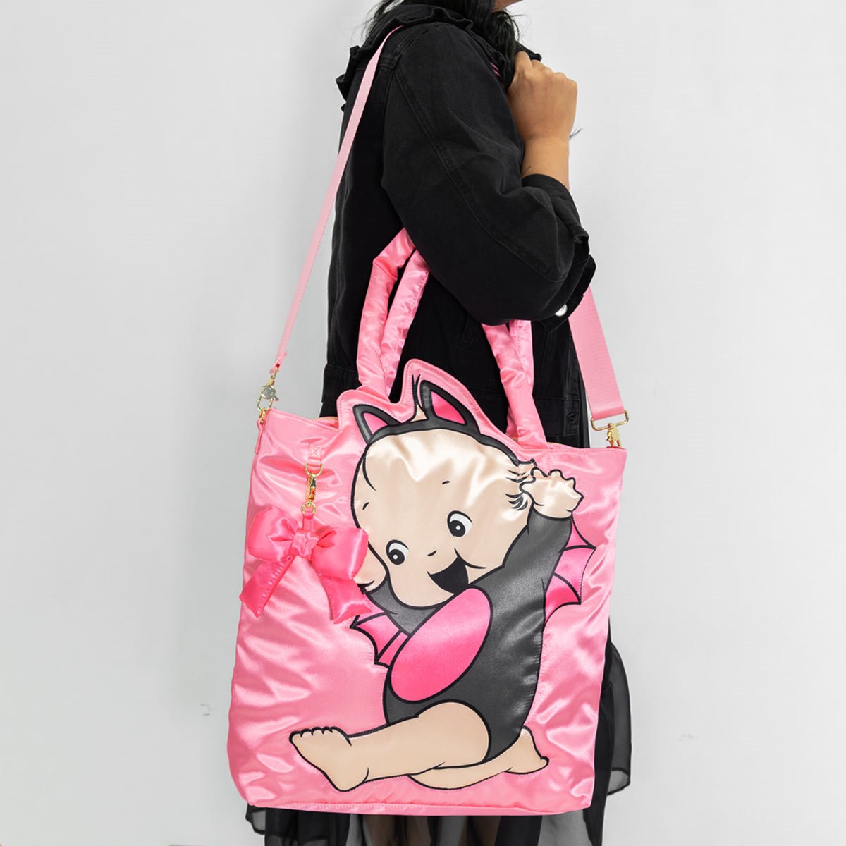 Kewpie Black Bat Puffy Tote Bag with Bow Charm