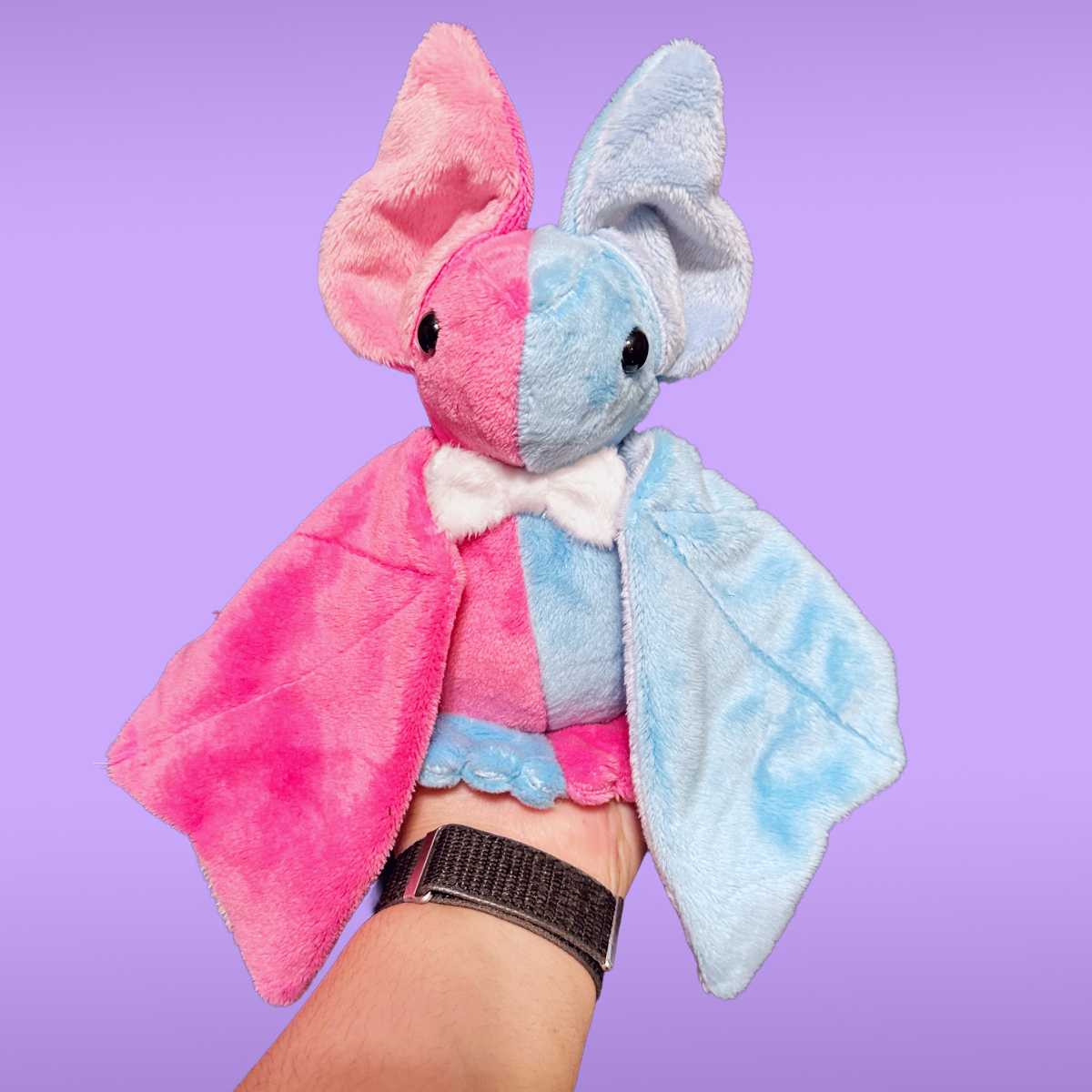 Plush toy with pink and blue wings held by a hand against a purple background