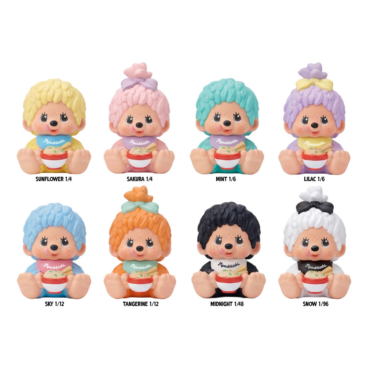 Eight small character figurines arranged in two rows on a white background, each with a different hair color and holding a bowl. The names shown below the figures are Sunflower 1/4, Sakura 1/4, Mint 1/6, Lilac 1/6, Sky 1/12, Tangerine 1/12, Midnight 1/48, and Snow 1/96.
