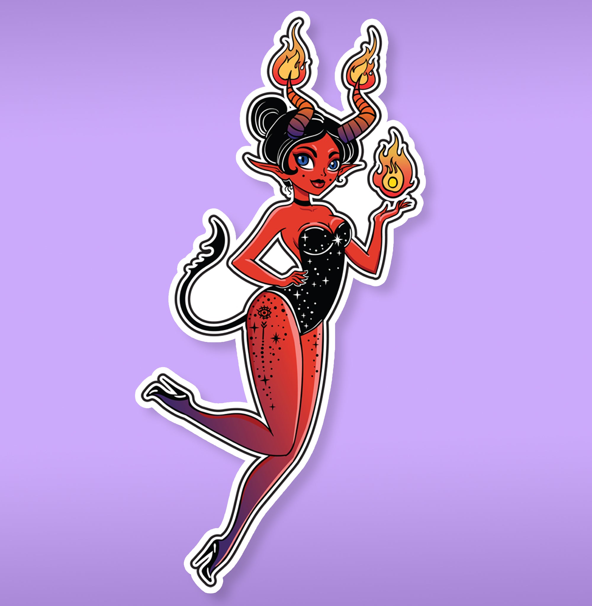 Devil Lady posing with fire sticker