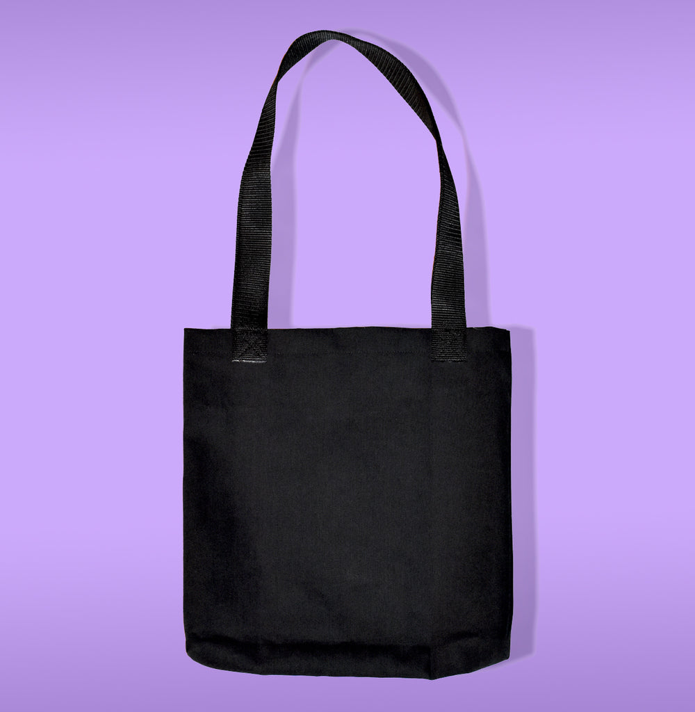 Black canvas tote bag with black straps