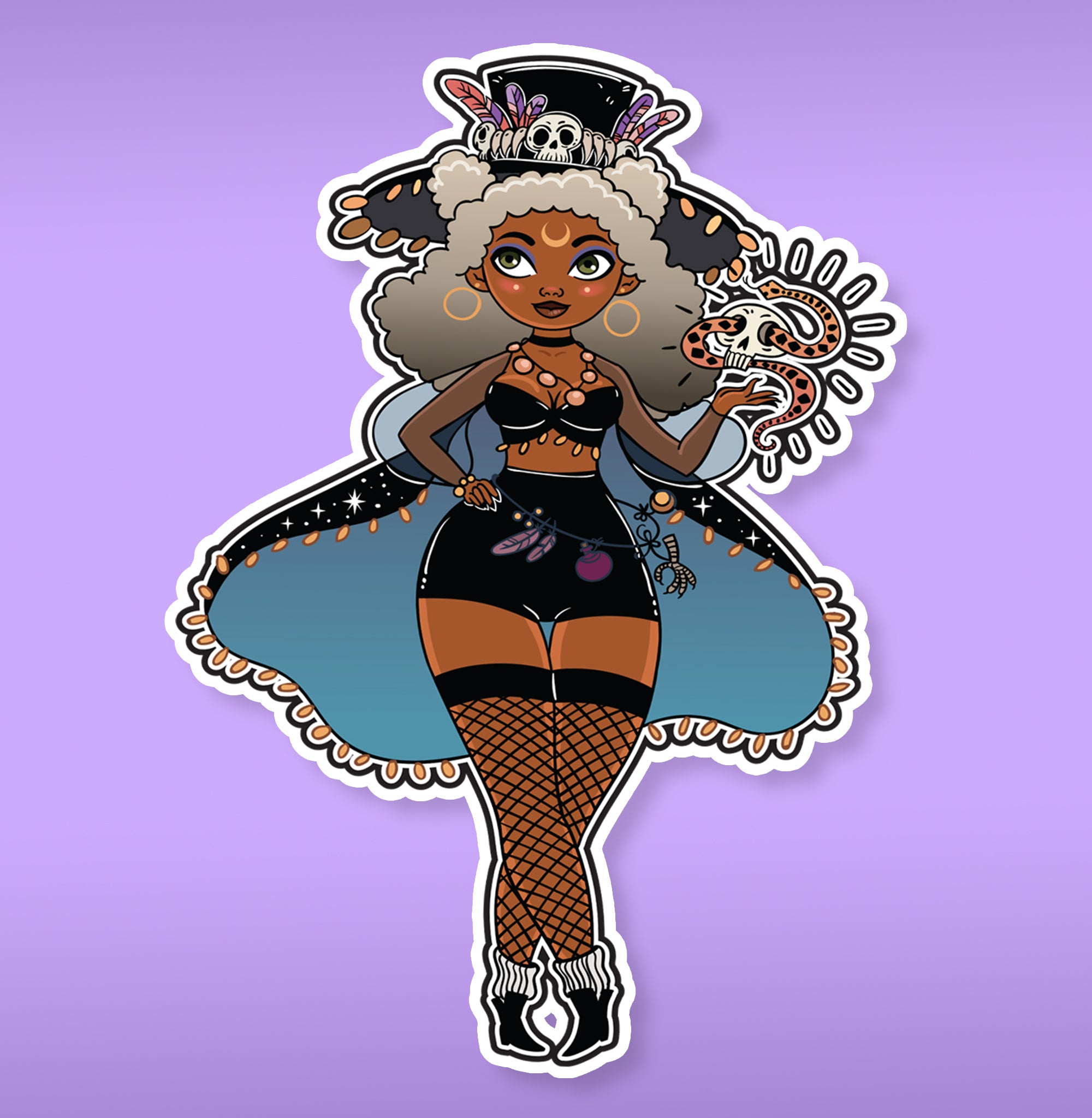 Cute Dark skinned witch holding snake sticker 