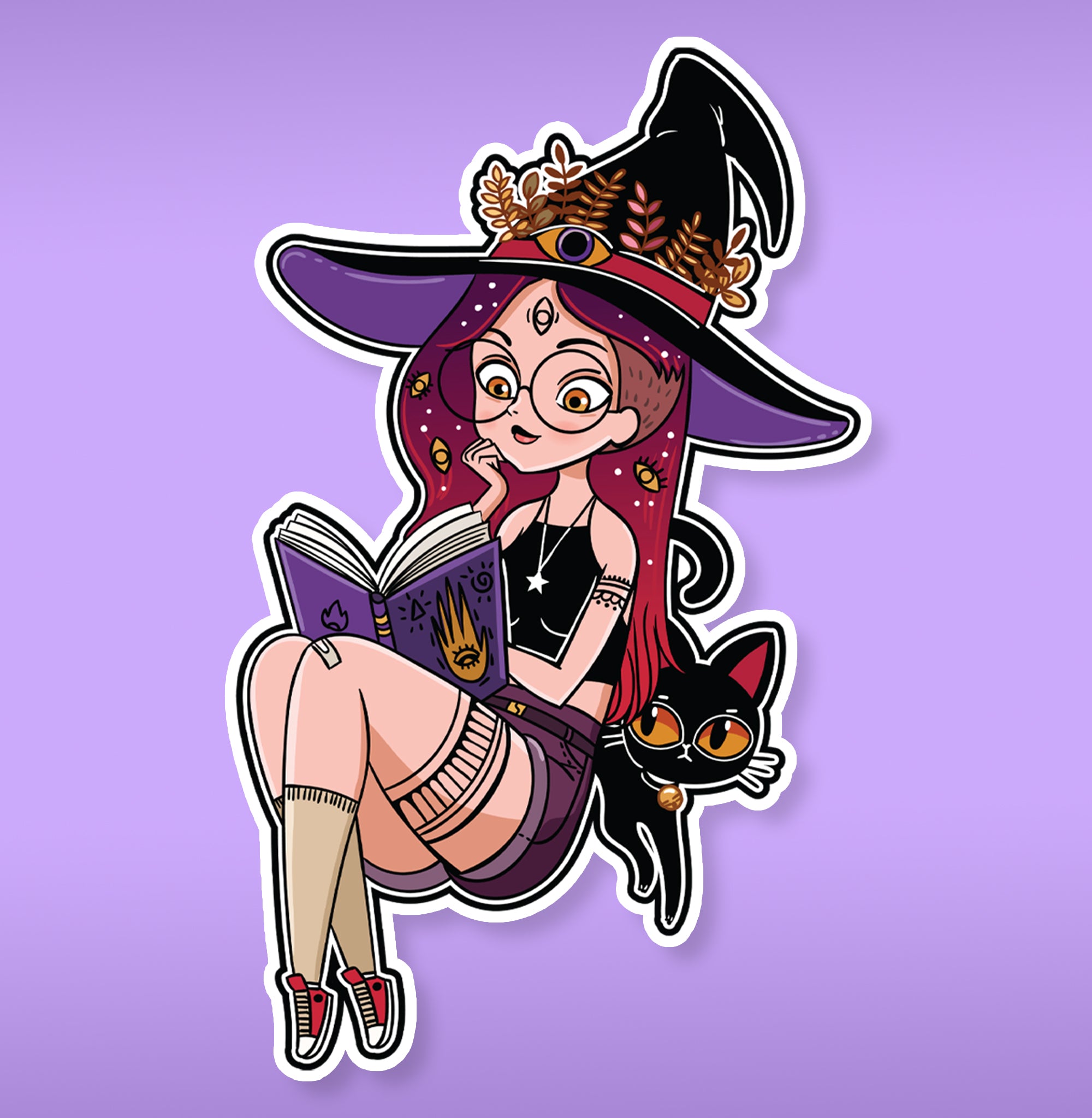 witch reading her magic book with her familiar sticker